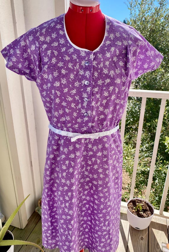 cotton dress size 14 Handmade Women’s 1940’s style floral purple made in Cindy Maid Dress, Soft formal short Dress Olivia crawford Loose overall shaping leaves Color:CORAL