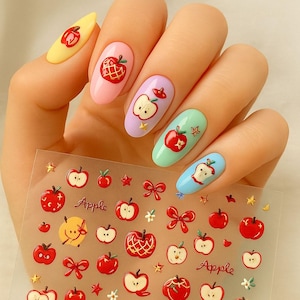 Cute red apple 3D relief nail art three-dimensional stickers cartoon bow love, Nail Design, Cute Nail Sticker, DIY nails