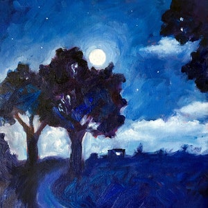 Moonlit Path, original oil painting, my view behind the house on a moonlit evening