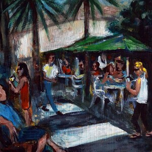May include: A painting of a street scene with people sitting at tables under a green awning. Palm trees are in the background. The painting is done in a loose, impressionistic style.