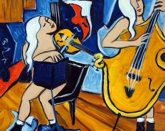 Soirée Sonata, a small original cubist oil painting of women musicians, a violinist and a cellist