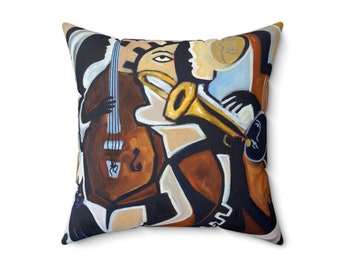 Spun Polyester Square Pillow, Le Chat du Jazz, cubist style painting of jazz musicians on a throw pillow