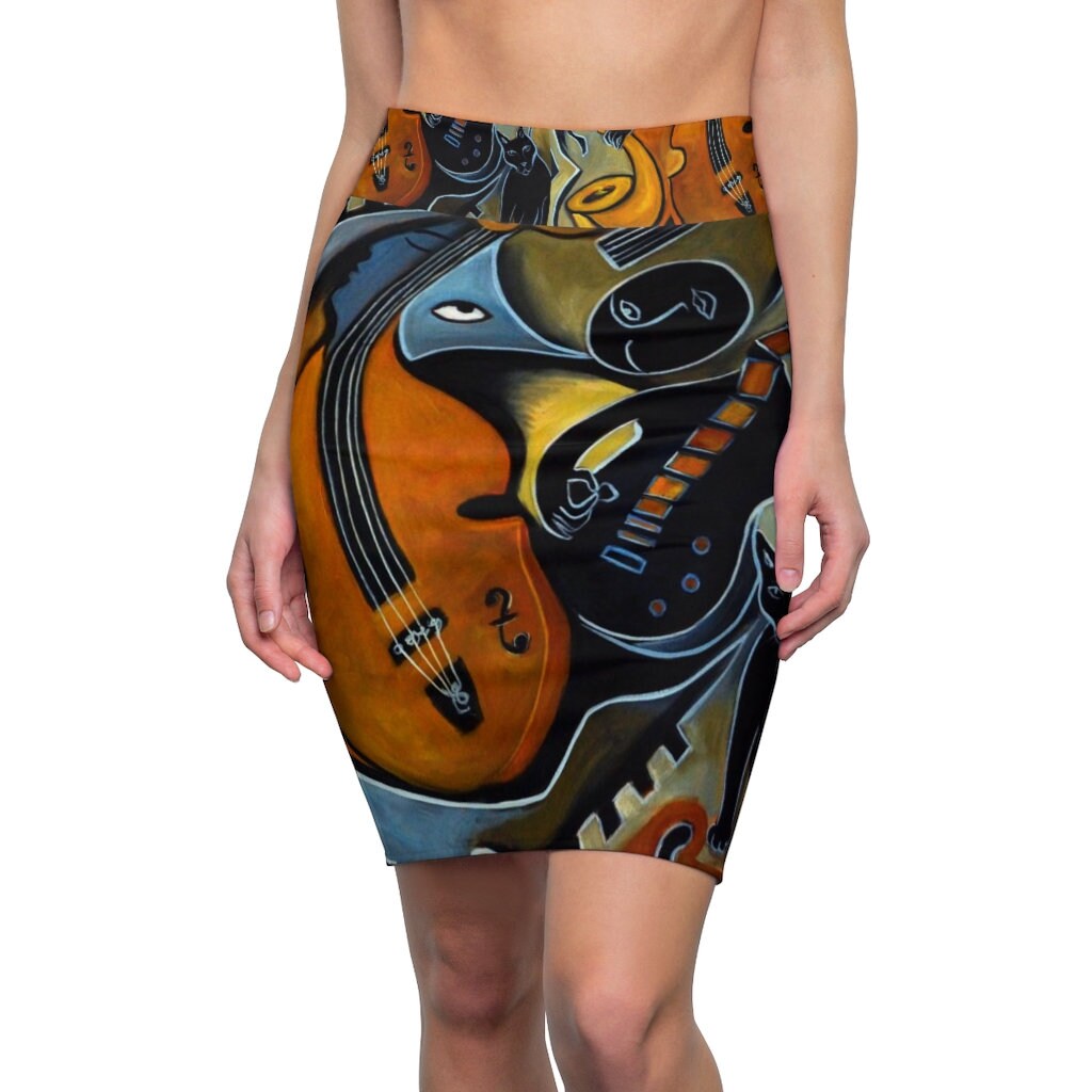Women's Pencil Skirt, Chats De Jazz Cubist Jazz Musicians on a Skirt 
