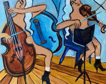 Strings, A Small Original Acrylic Painting Of Women Cellists In Boots, Acrylic On 8 x 8 Inch Hard Board