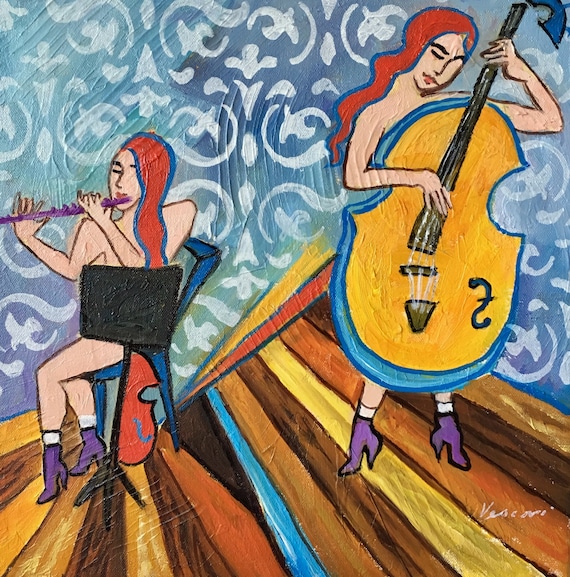 Oil Painting Women Musicians Cello Flute Classical Music Art 12x12 Canvas