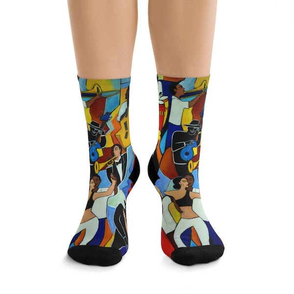 DTG Socks "Salsa Sauvage" from my painting of salsa dancers and musicians