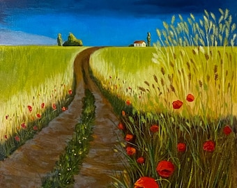 Original Landscape Painting Country Road with Red Poppies 40x60 cm 15.7x23.6 inches Oil Painting from a Ukrainian artist