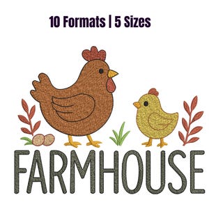 Diseño de bordado de gallina y pollito: Pájaro de granja con flores (Descarga instantánea)