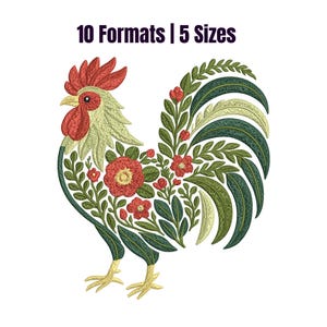 Floral Rooster Embroidery Design – Farmhouse Rooster Machine Embroidery – Bird with Flowers – Instant Download – 5 Sizes – Embroidery Leaves