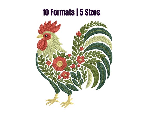 Floral Rooster Embroidery Design: Farmhouse Bird (Instant Download)