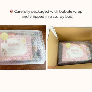 May include: Two images show a package wrapped in bubble wrap and placed inside a cardboard box. The package has a pink and white design with text. The box is open, revealing the packaged item.