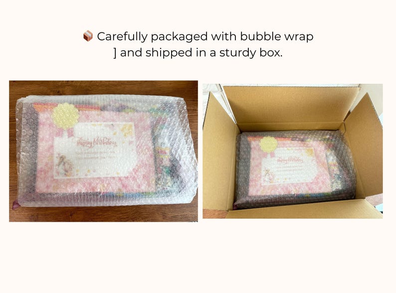 May include: Two images show a package wrapped in bubble wrap and placed inside a cardboard box. The package has a pink and white design with text. The box is open, revealing the packaged item.