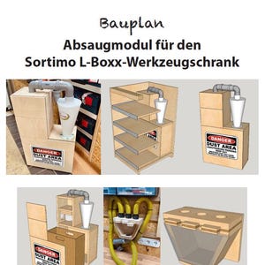 Può includere: Un progetto per un modulo di aspirazione della polvere per una cassetta degli attrezzi Sortimo L-Boxx. Il progetto mostra una scatola di legno con un sistema di aspirazione della polvere e un cartello di avvertimento che recita "Pericolo Area polverosa Persone non autorizzate Tenere lontano".