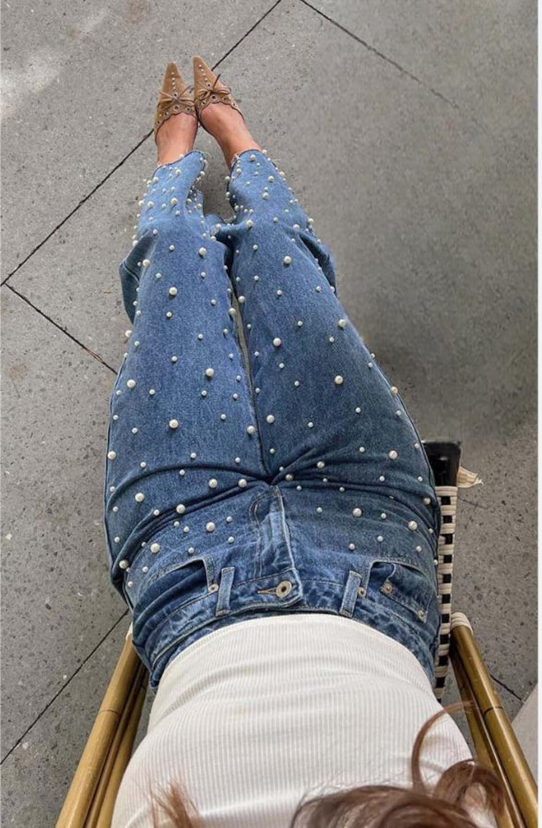 Pearl Embellished Denim Bootcut Crop Pant