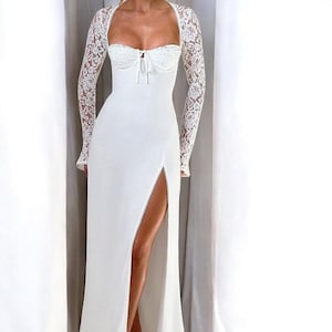 Lace Sleeve White Bridal Gown – Elegant Long Wedding Dress with Side Slit – Boho Bride Robe