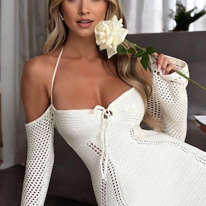 Boho White Crochet Maxikleid - Schulterfreies Strickkleid für Strand- und Sommerveranstaltungen
