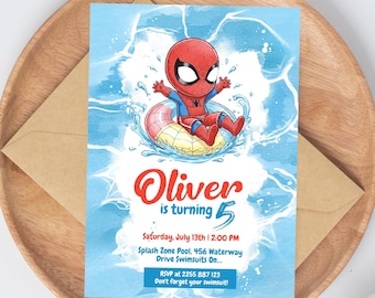 Spiderman Pool Party Invitation, Spidey Birthday Invite, Superhero Water Party Invite, Editable Pool Birthday Canva Template