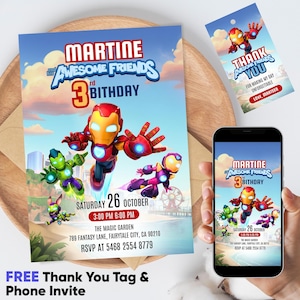 以下が含まれることがあります： スーパーヒーローのキャラクターが登場する誕生日パーティーの招待状とサンキュータグ。「MARTINE and his AWESOME FRIENDS 3rd BIRTHDAY」のテキストとイベントの詳細が記載されています。スマートフォンには同じ招待状のデザインが表示されています。