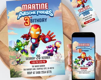 Cyfrowe zaproszenie urodzinowe Iron Man i jego niesamowici przyjaciele | Edytowalny szablon zaproszenia Iron Man | Natychmiastowe pobranie kartki urodzinowej
