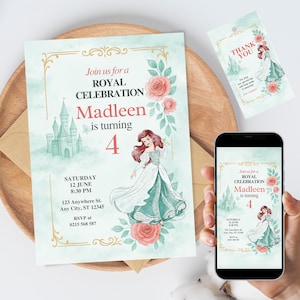 Invitation d'anniversaire princesse Ariel modèle vert écume de mer modifiable Petite sirène fête château Floral 4e anniversaire téléchargement numérique