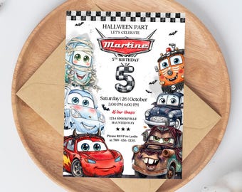 Halloween Cars Birthday Invitation, Spooky Racing Car Party Invite, 5th Birthday Halloween Invitation, Watercolor Car Template