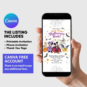 May include: A smartphone displays a Halloween invitation with Mickey Mouse and friends. The invitation reads "Spook-Tacular Halloween Bash!" and includes event details. The listing includes a printable invitation, phone invitation, and thank you tags.