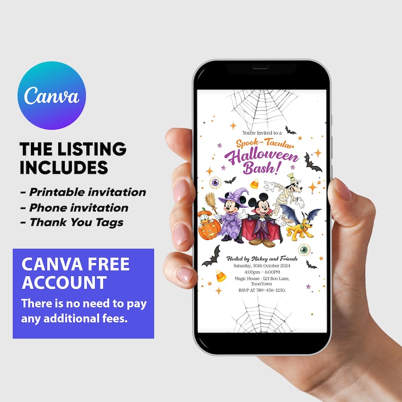 May include: A smartphone displays a Halloween invitation with Mickey Mouse and friends. The invitation reads "Spook-Tacular Halloween Bash!" and includes event details. The listing includes a printable invitation, phone invitation, and thank you tags.