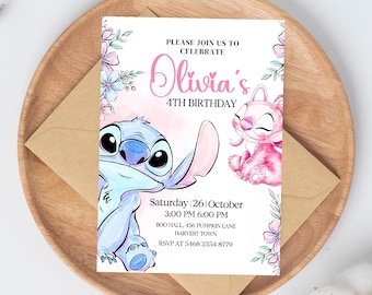 Editable Stitch and Angel Birthday Invitation, Editable Stitch Birthday Invitation, Digital Party Invite, Stitch Birthday Party Printable
