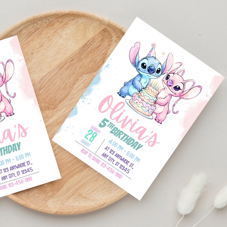 May include: Two birthday invitations featuring a blue and pink cartoon character holding a cake. The invitations read "Olivia's 5th Birthday" with event details. Pink and blue watercolour accents frame the text and characters.