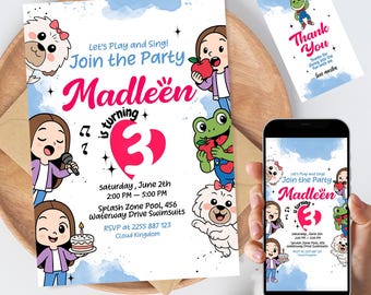 Invitación de cumpleaños de Lara Campos, invitación a la fiesta en la piscina del quinto cumpleaños de Mundo da Lara, plantilla editable de Canva, descarga digital con etiqueta de agradecimiento
