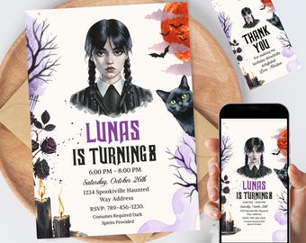 Halloween Invitation Template | Editable Gothic Party Invite | Spooky Black and White Birthday Invitation