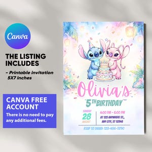 Puede incluir: Una invitaci&oacute;n de cumplea&ntilde;os imprimible de 5x7 pulgadas con los personajes Stitch y Angel de Lilo & Stitch. La invitaci&oacute;n es para el 5&ordm; cumplea&ntilde;os de Olivia e incluye la fecha, la hora y el lugar. El dise&ntilde;o tiene un estilo acuarela con colores pastel.