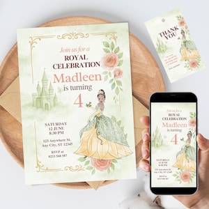 Invitation d'anniversaire princesse Tiana modèle de fête robe or vert modifiable en téléchargement numérique 4e anniversaire fille château Invitation florale