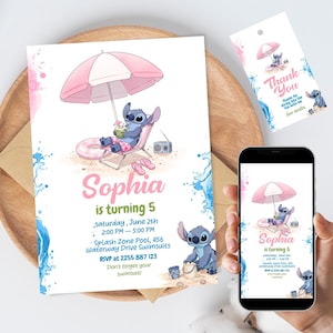 d'anniversaire de fête au bord de la piscine | Invitation d'été modifiable Lilo et Stitch | Thème plage fille en téléchargement numérique