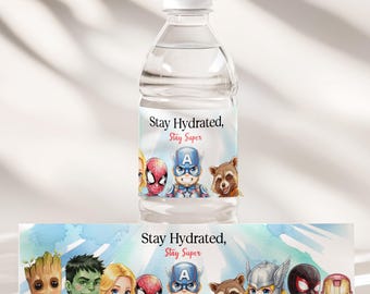 Superhero Avengers Water Bottle Label, Superhero Avengers Wrapper, Personalized, Superhero Birthday Party Decor, Instant Download IKP01