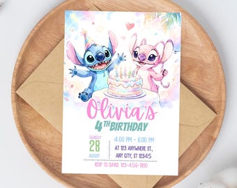 Stitch and Angel Birthday Invitation, Editable Stitch Birthday Invitation, Digital Party Invite, Stitch Birthday Party Invitation Printable