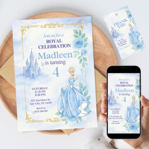 Cinderella Geburtstagseinladung Mädchen Blaue Prinzessin Party einladen bearbeitbare Vorlage Königsschloss Sofortiger Download Digital 3.Geburtstagskarte