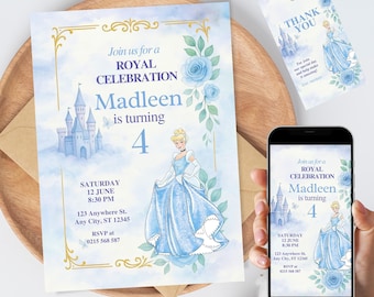 Cinderella Birthday Invitation: Blue Princess Castle, Editable Template (Digital Download)