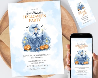 Editable Halloween Princess Invitation Canva Template – Cute Cinderella Witch Party Invite for Girls | Printable & Phone Download