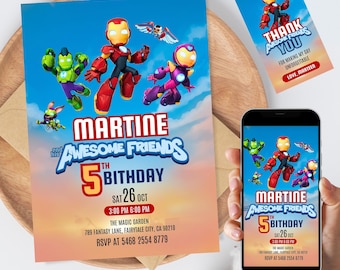Cyfrowe zaproszenie urodzinowe Iron Man i jego niesamowici przyjaciele | Edytowalny szablon zaproszenia Iron Man | Natychmiastowe pobranie kartki urodzinowej