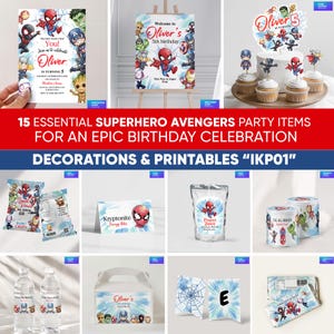 Puede incluir: Una colección de decoraciones e imprimibles para fiestas temáticas de superhéroes. Los artículos incluyen invitaciones, un letrero de bienvenida, adornos para pasteles, bolsas de patatas fritas, bolsas de zumo, etiquetas para botellas de agua, cajas de regalo y pancartas. El texto incluye "Oliver cumple 5 años".