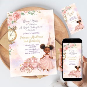Prinzessin Geburtstagseinladung Canva Vorlage - Königliches Thema Bearbeitbar Einladen für Girl's Party, Phone & Printable, Black Princess Design