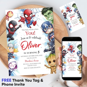 May include: A birthday party invitation featuring superhero characters, including Spider-Man, Captain America, and Hulk. The invitation reads "Join us to celebrate Oliver" and includes party details. A matching thank you card and phone invite are also shown.