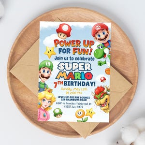 Convite de aniversário do Super Mario para download digital com etiquetas de agradecimento GRÁTIS e convite do Mario personalizável no modelo Canva