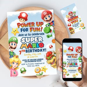 Super Mario Geburtstagseinladung Digitaler Download mit KOSTENLOSEN Danke-Tags und Mario-Einladung Anpassbar auf Canva-Vorlage