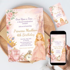 Modèle de toile d'invitation d'anniversaire princesse rose carrosse fête inviter fille 4e anniversaire en téléchargement numérique modifiable