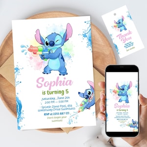 Convite de aniversário para festa na piscina do Stitch | Convite de verão editável de Lilo e Stitch | Tema de praia para download digital