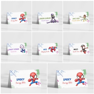 Spidey matetiketter, Spidey och hans fantastiska vänner bufféetiketter, superhjältefestmattält, utskrivbart snacksbord, direktnedladdning IKP02