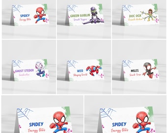 Etiquetas de comida de Spidey, etiquetas para buffet de Spidey y sus increíbles amigos, carpas de comida para fiestas de superhéroes, mesa de refrigerio imprimible, descarga instantánea IKP02