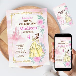Invitation d'anniversaire princesse beauté fille modèle de fête robe jaune modifiable château rose floral numérique 4e anniversaire téléchargement immédiat